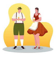 Poster - couple german in national dress with beer glasses for oktoberfest festival vector illustration design