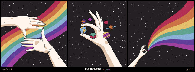 Canvas Print - Hands and rainbow in space. Gay Pride. Romantic LGBT concept. Colorful cosmic texture background. Night starry sky. Set of abstract vector illustration for poster, t-shirt print, postcard