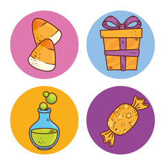 Sticker - set of candies and gift box on round frames vector illustration design