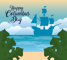 Happy Columbus Day National Usa Holiday, With Silhouette Of Carabela Vector Illustration Design