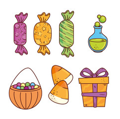 Sticker - set of candies and gift box on white background vector illustration design