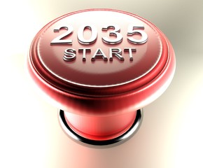 Poster - 2035 START on red emergency push button - 3D rendering illustration