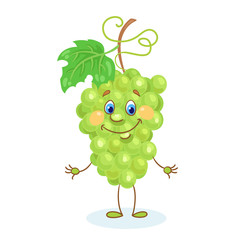 Wall Mural - Cute bunch of green grapes. In cartoon style. Isolated on white background. Vector flat illustration.