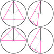 Construction of a circle circumscribed on a triangle. Two-dimensional geometric figure on a white background.