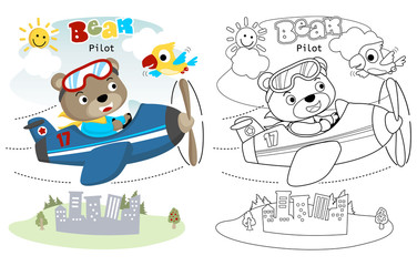 Wall Mural - vector illustration of little pilot on airplane, coloring book or page