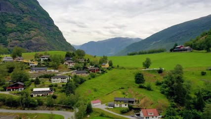 Wall Mural - Aurlandsfjord Town Of Flam at dawn.