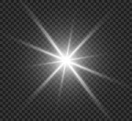 Bright glowing light explodes on a transparent background. Sparkling magic dust particles. Bright Star. Transparent shining sun, bright flash. Vector sparkles. In the center is a bright flash.