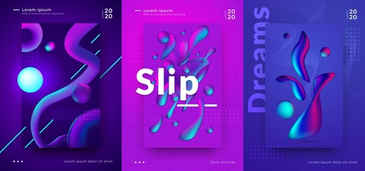 Poster - Gradient poster. Cover design with abstract minimal shapes, bright vibrant colors and 3D geometric objects. Vector abstraction futuristic music banner set with vibrant layout