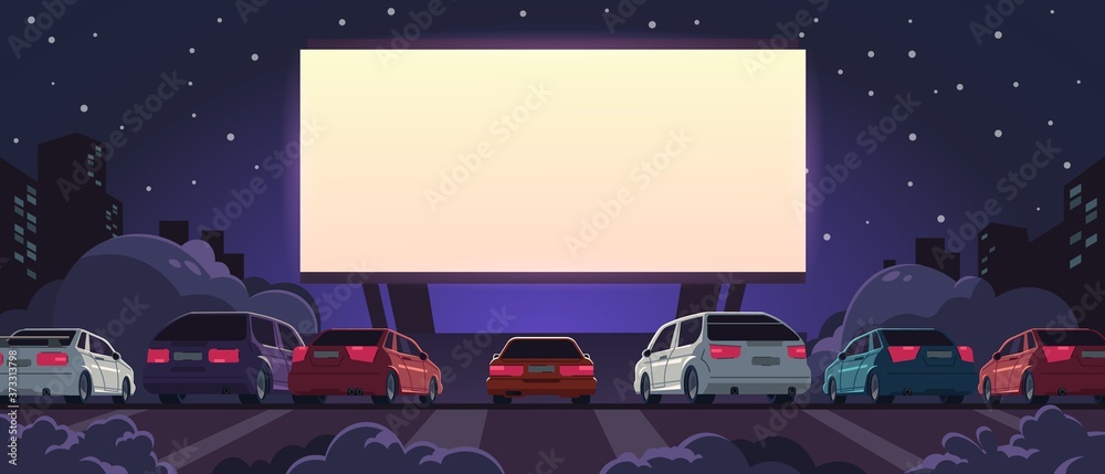 Drive-in cinema. Open space auto theater with cartoon glowing white screen and car parking, outdoor movie at night. Vector illustration automobile outdoor parking - obrazy, fototapety, plakaty 