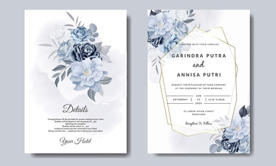 Wall Mural -  Romantic  Wedding invitation card template set with  blue  floral leaves Premium Vector