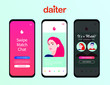Dating app design inspired by Tinder style. People match social media Mockup. Teender application. Online dating, virtual love. Vector illustration