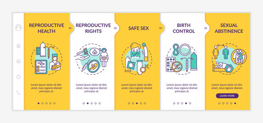 Wall Mural - Reproductive system health onboarding vector template. Sexual education. Protection from disease, infection. Responsive mobile website with icons. Webpage walkthrough step screens. RGB color concept