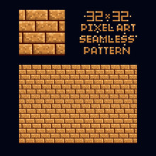 Pixel Art Vector Illustration 32x32 Seamless Sprite Pattern Texture - Brown Brick Wall Game Design Repeat Tile Isolated