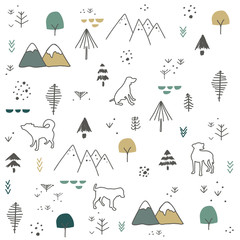 Wall Mural - Hand drawn, mountain and dogs pattern