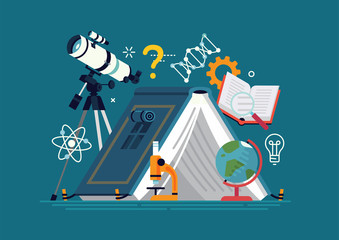 cool flat design graphic element on science camp with telescope, microscope, science themed graphic 