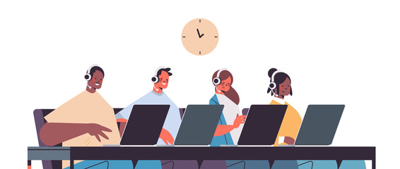 Poster - operators with headset chatting with clients call center agents working in office customer support s