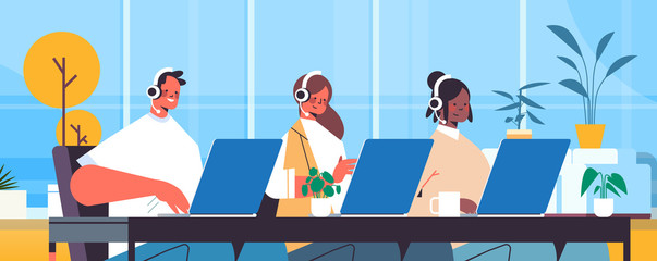Poster - operators with headset chatting with clients call center agents working in office customer support s