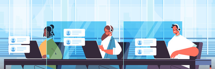 Poster - operators with headset chatting with clients call center agents working in office customer support s