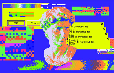 Poster - Cyberpunk-style collage with plaster 3D head and pixel artifacts. Vaporwave and retrowave aesthetics from the 80s.