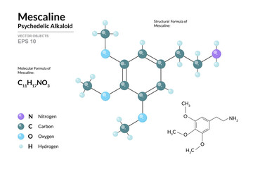 Sticker - Mescaline. Naturally Occurring Psychedelic Protoalkaloid. Structural Chemical Formula and Molecule 3d Model. Atoms with Color Coding. Vector Illustration