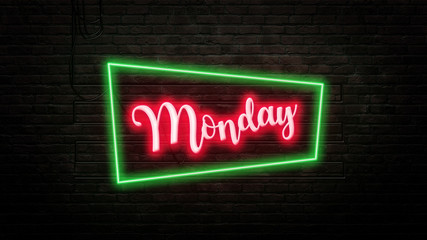 Wall Mural - monday sign emblem in neon style on brick wall background