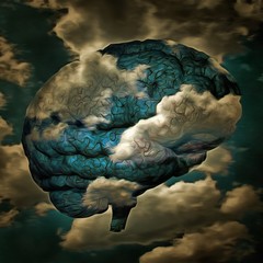 Wall Mural - Surreal painting. Brain in the sky. 3D rendering