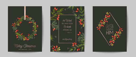 Set of Elegant Merry Christmas and New Year 2021 Cards with Pine Branches, Holy Berry, Mistletoe, Winter floral plants design illustration, greetings, invitation 2020, flyer, brochure, cover in vector