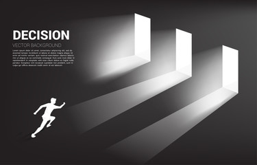Poster - time to make decision in business direction. Silhouette of businessman running to select door to enter