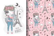Cute Girl Carrying Camera In Paris Illustration And Pattern