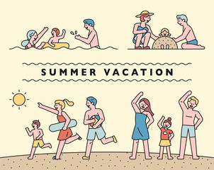 Families are spending summer holidays on the beach. flat design style minimal vector illustration.