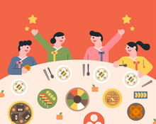 People In Traditional Korean Clothes Sit Around The Table And Eat Traditional Food. Flat Design Style Minimal Vector Illustration.
