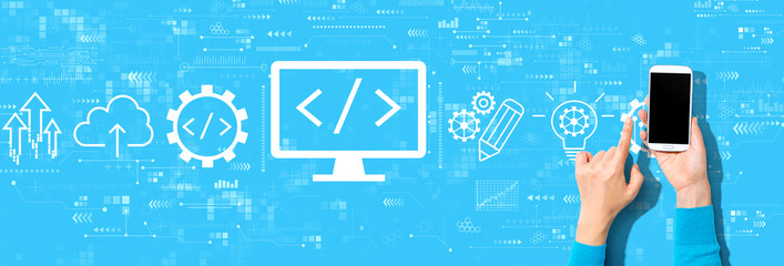 Web development concept with person using a smartphone on a blue background