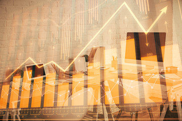 Poster - Multi exposure of stock market chart drawing and office interior background. Concept of financial analysis.