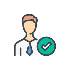Poster - business person with checkmark color line icon. qualified employee vector outline colorful sign.