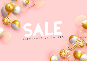 Poster - Background with golden balls and empty spiral metal and plastic spheres. abstract minimal poster. vector illustration