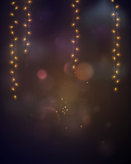 Wall Mural - background with bright bokeh lights and hanging glowing garlands. vector illustration