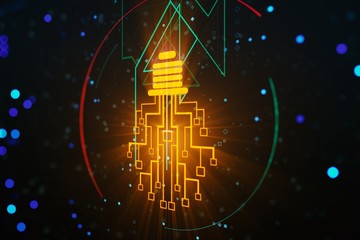 Poster - Virtual creative light bulb with chip hologram on dark background, artificial Intelligence and neural networks concept. 3D Rendering