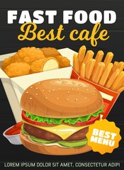 Sticker - Fast food burger, french fries and chicken nuggets. Vector takeaway fastfood bistro snacks order and delivery. Junk food cheeseburger, hamburger and fried potato with ketchup sauce cafe menu combo