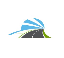highway, road isolated vector pathway icon. two lane curve asphalt speedway with sidewalk, green fie