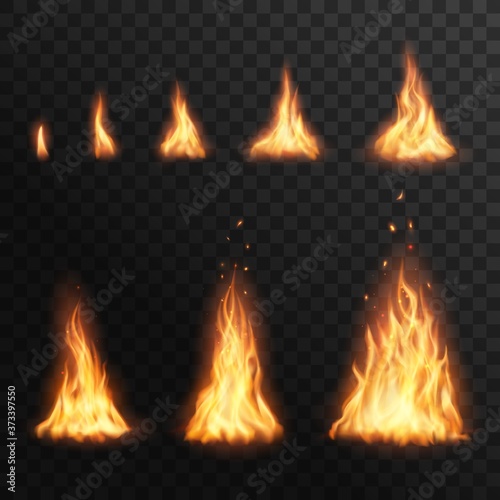 Fotografía Flaring up fire stages, Vector burning campfire blaze effect for animation