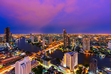 Wall Mural - Bangkok city with Chao Phraya River at twilight, Thailand