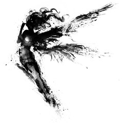 A silhouette of a beautiful fairy with long blotted wings, she thoughtfully flies up, stretching her slender legs. 2D illustration.