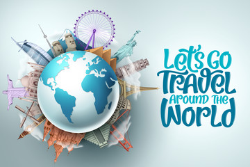 let's go travel around the world vector design. travel and tourism with famous landmarks and tourist