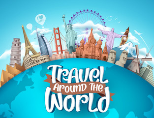 travel around the world vector tourism design. travel the world text, famous tourism landmarks and w