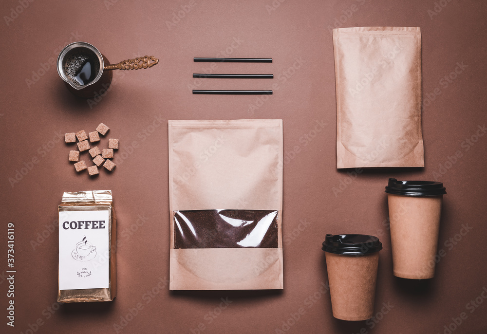 Composition with coffee on color background