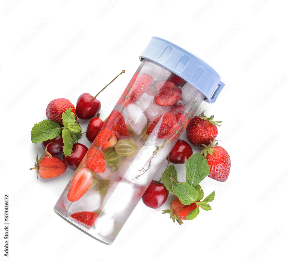 Bottle of fresh infused water isolated on white
