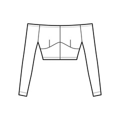Wall Mural - Off-the-shoulder top technical fashion illustration with close fit, long sleeves, concealed zip fastening along back. Flat apparel template front, white color. Women men unisex shirt CAD mockup