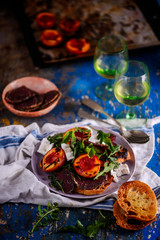 Sticker - Grilled peaches, goat cheese, and bresaola salad..