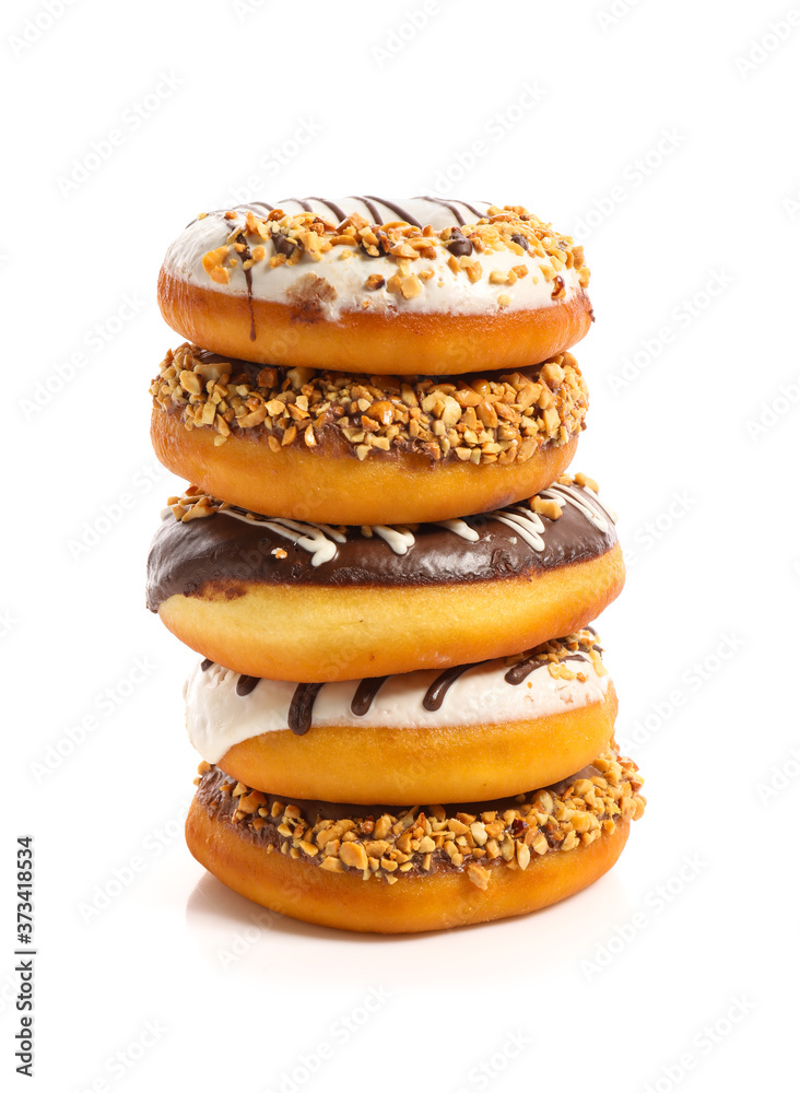 Sweet tasty donuts on white background