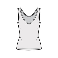 Wall Mural - Cotton-jersey tank technical fashion illustration with fitted body, deep V-neckline, elongated hem. Flat outwear apparel template front, grey color. Women, men unisex shirt top CAD mockup 